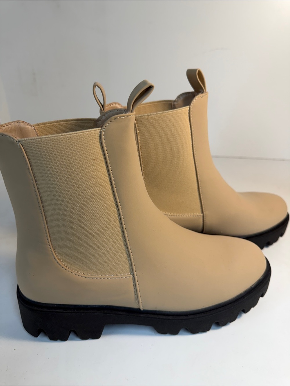 Journee Collection Beige Chelsea Ankle Boots with Black Lug Sole